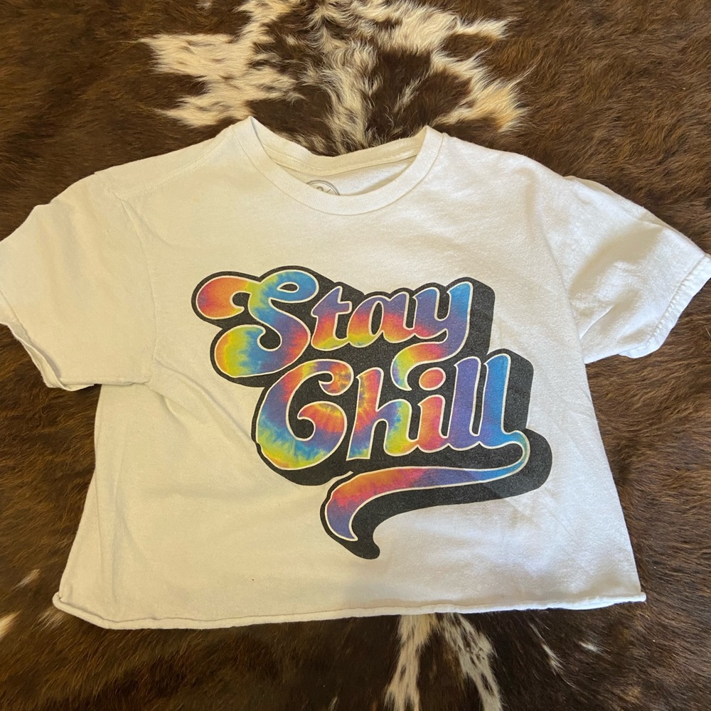 White and Blue Short Sleeve Tee with Retro Graphic